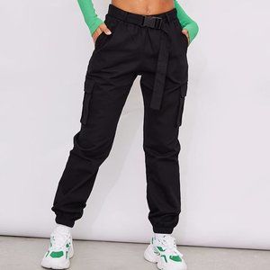 Black Buckle Detail Belted Cargo Trouser